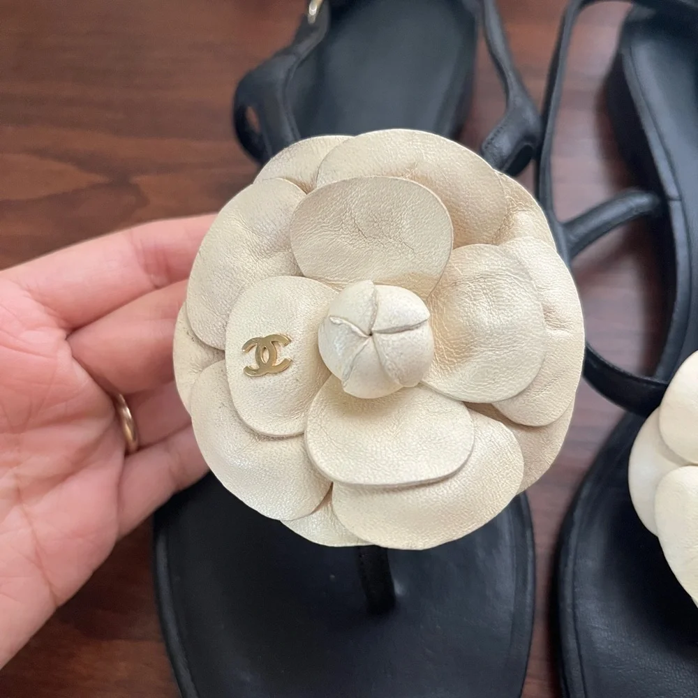 CHANEL Black and Cream Camellia Sandals